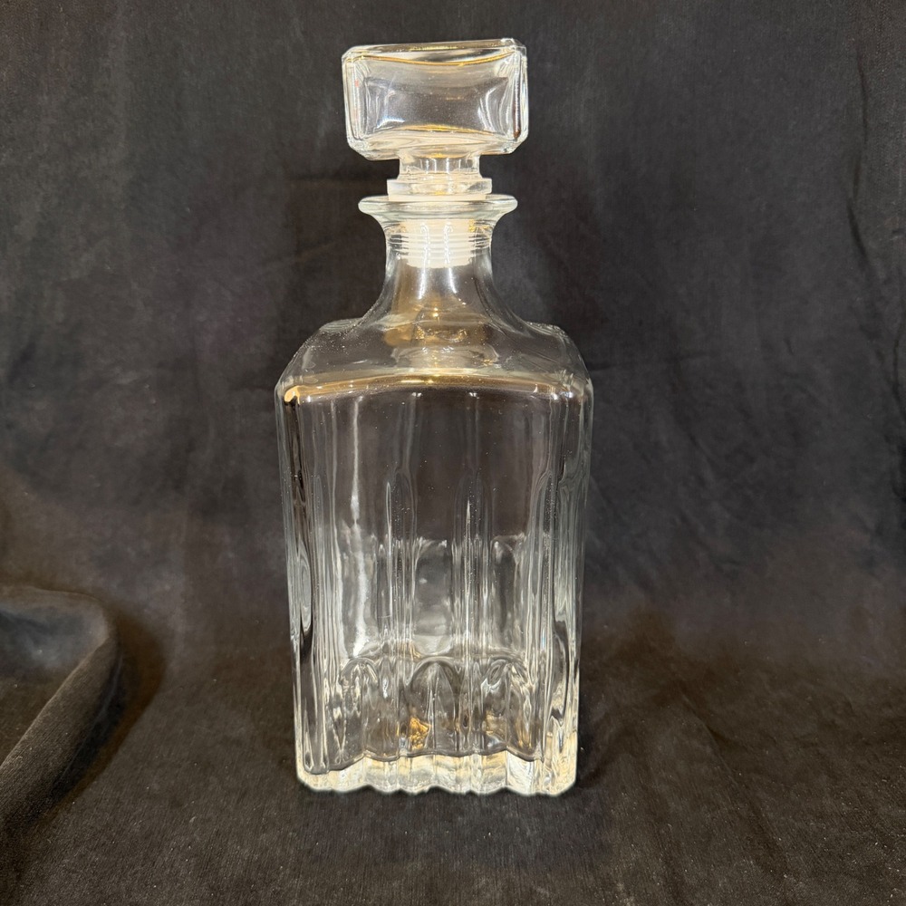 Vintage Mid Century Modern Ribbed Glass Whiskey Decanter Clear 9"